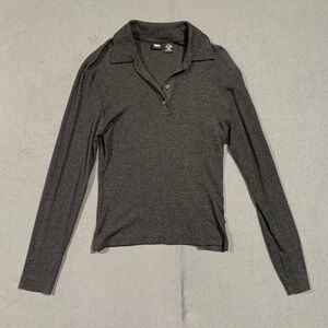 90s Y2K Womens Long Sleeve Collared Polo‎ Shirt Size L Dark Gray Stretch Preppy